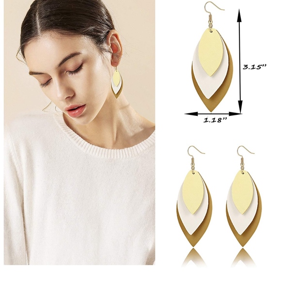 ‼️BOGO FREE Leather Leaf Drop Earrings Gold Layer - Picture 6 of 7